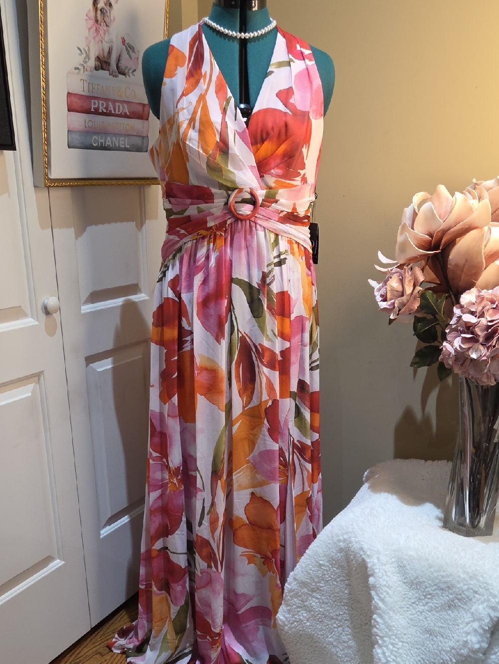 Nwt 6 $ 199 Adrianna Papell Pink & Orange Floral Halter Maxi Dress